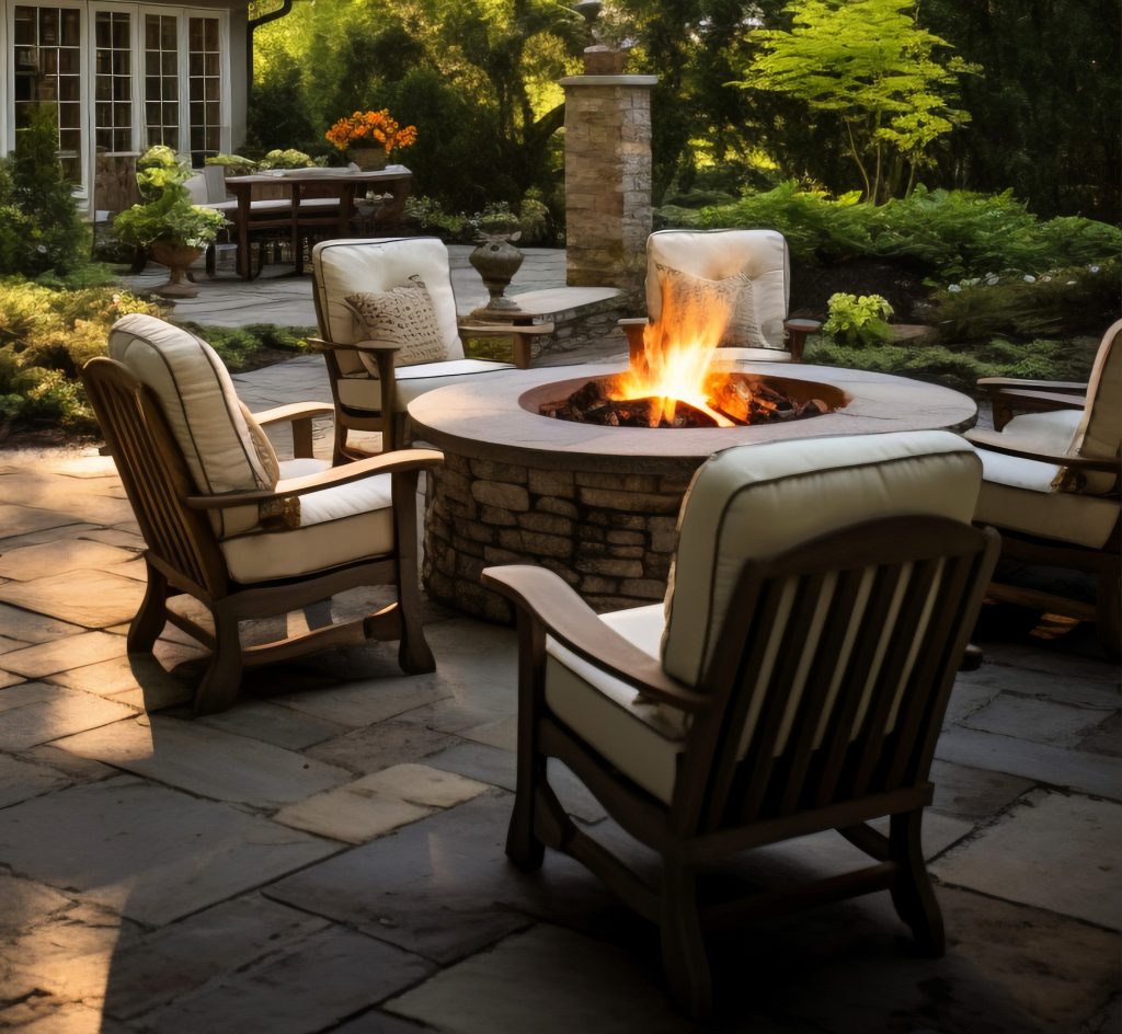 Interlocking patio in Toronto with a firepit and garden furniture