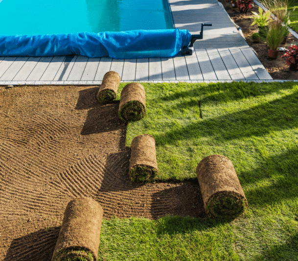 Poolside area with artificial turf