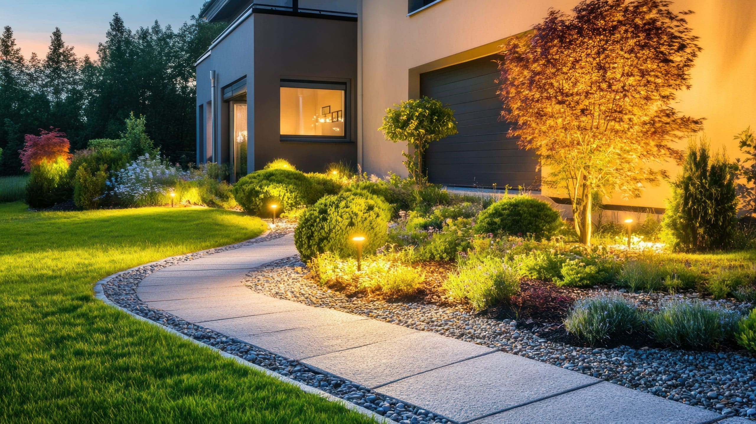 concrete walkway installation with lighting