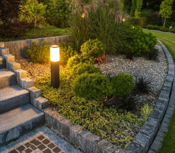 porch landscaping with lighting