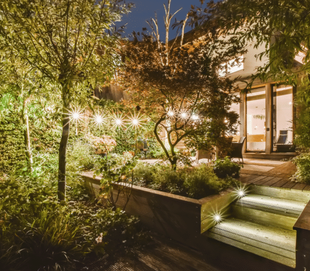 Landscape lighting in the front porch and plants